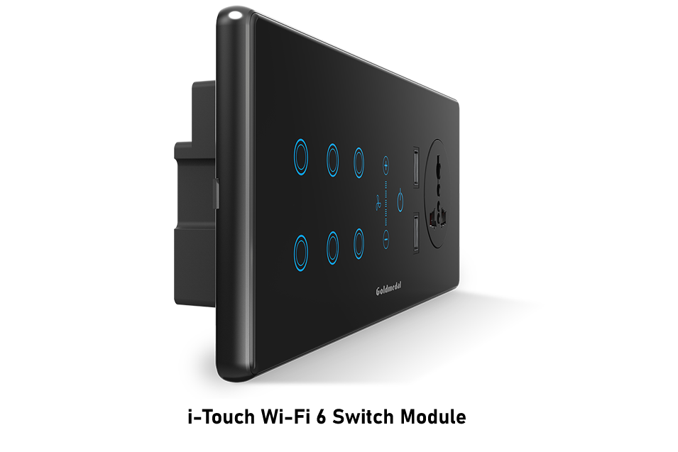 6 Switch module in black with fan regulator, 2 USB & international socket from Goldmedal